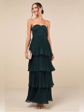 NWT Lulus Emerald Green Strapless Tiered Pleated Maxi Dress XS